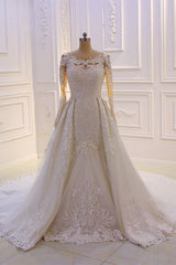 Classic Jewel Long Sleevess Tulle Lace Sparkle Ivory Wedding Dress-showprettydress