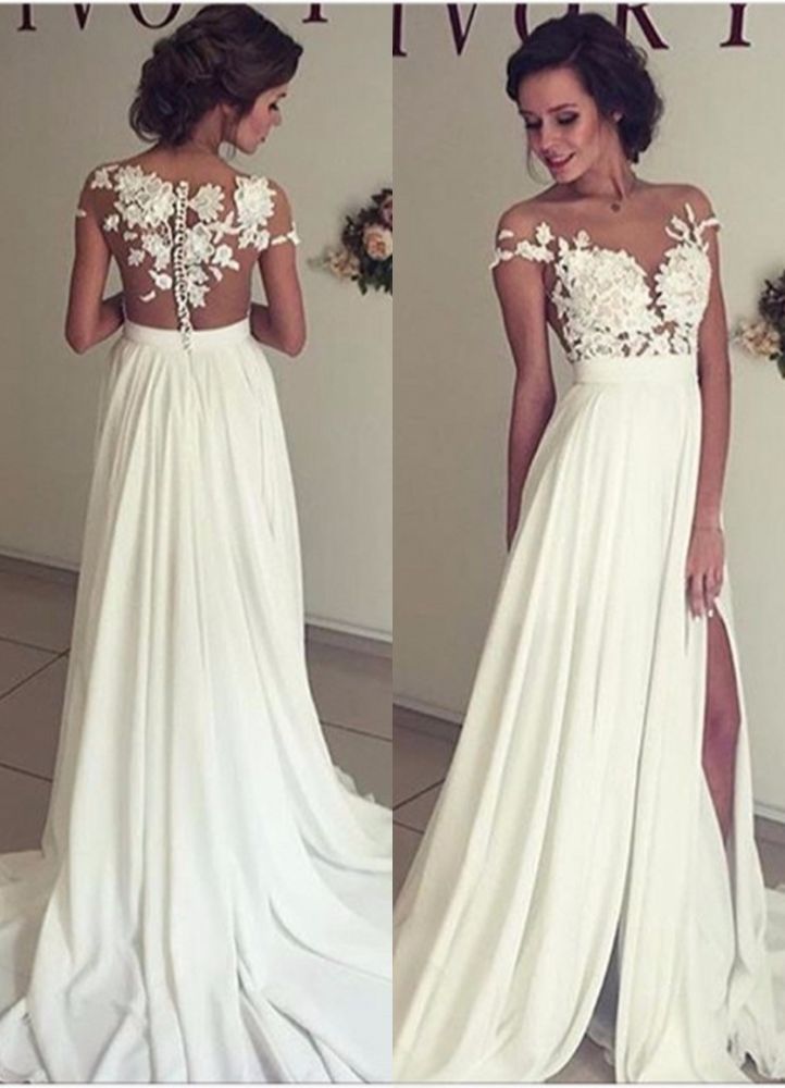 Classic Lace Appliques Wedding Dress Long Chiffon Split-showprettydress