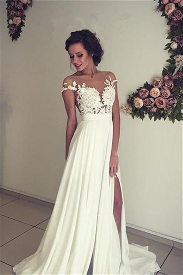 Classic Lace Appliques Wedding Dress Long Chiffon Split-showprettydress