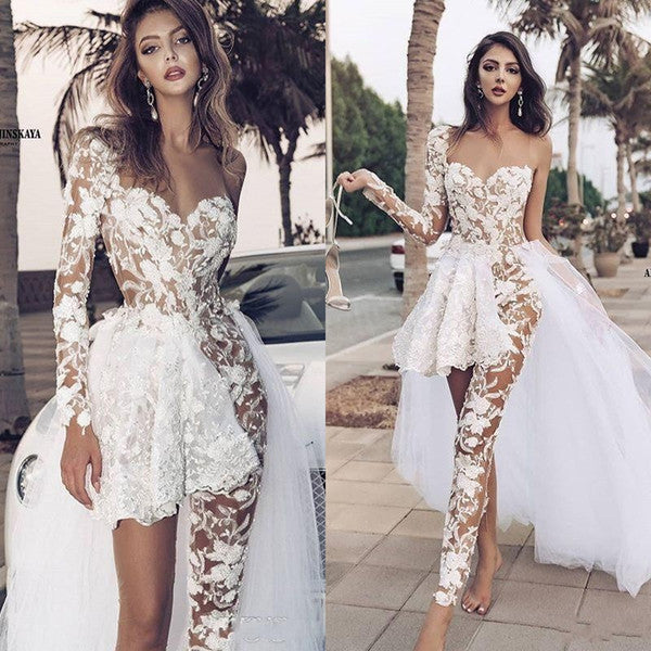 Classic Lace Jumpsuit Asymmetirc See through Overskirt White Wedding Dress-showprettydress