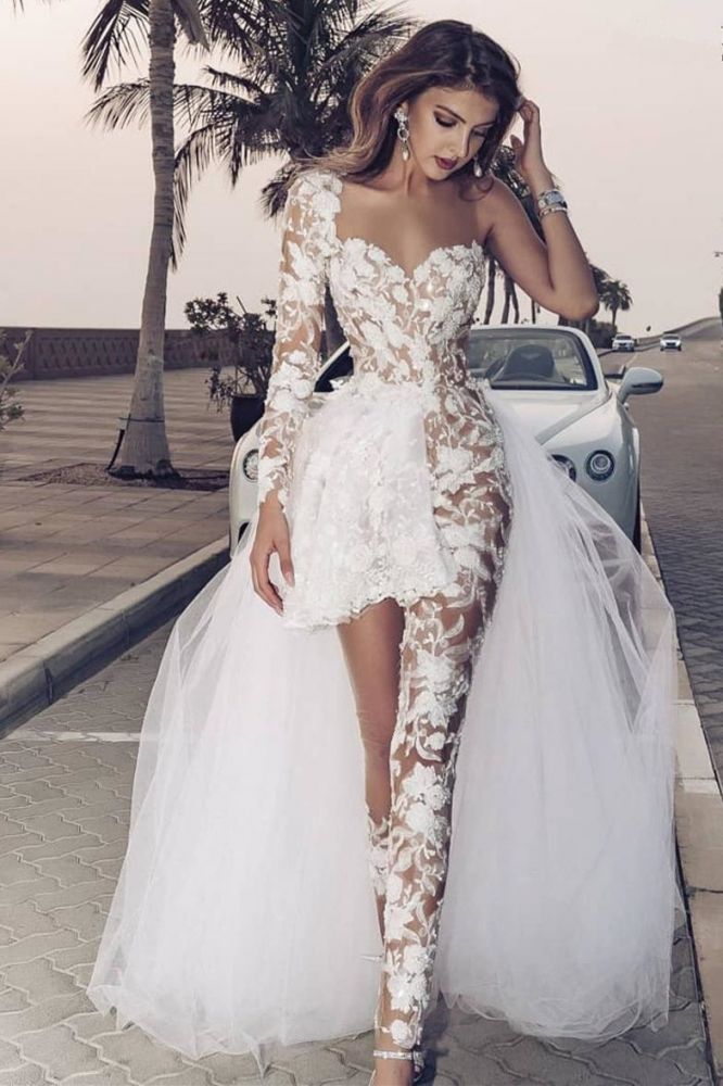 Classic Lace Jumpsuit Asymmetirc See through Overskirt White Wedding Dress-showprettydress