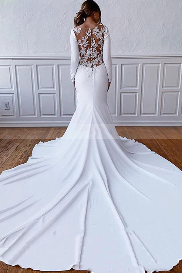 Classic Long Sleevess Bateau White Wedding Reception Dress Floor Length Wedding Dress-showprettydress