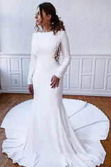 Classic Long Sleevess Bateau White Wedding Reception Dress Floor Length Wedding Dress-showprettydress