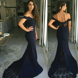 Classic Mermaid Open Back Off-the-Shoulder Mermaid Lace Formal Evening Dress-showprettydress