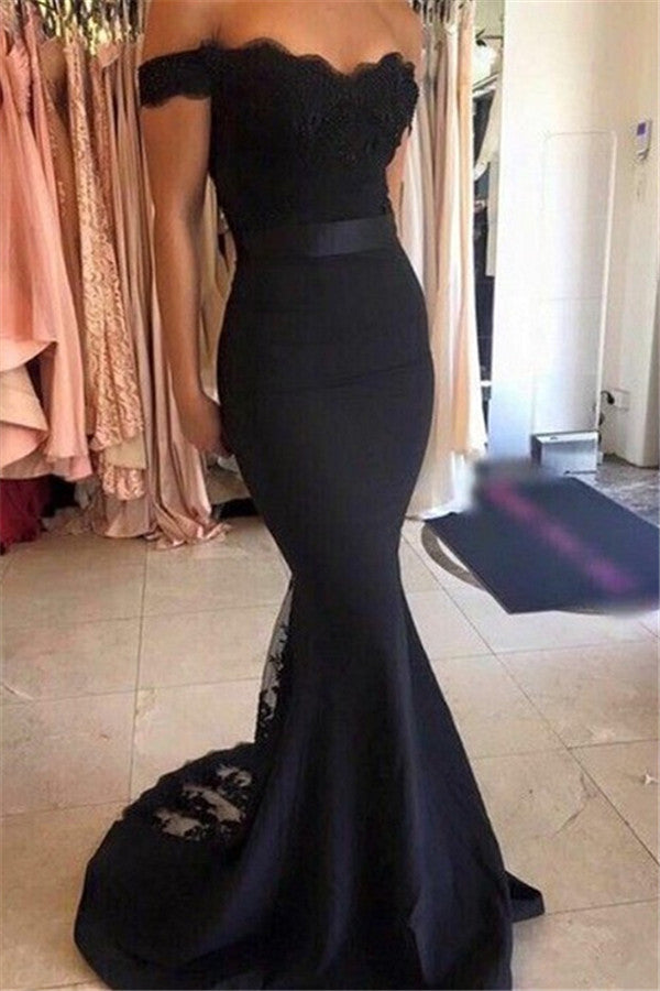 Classic Mermaid Open Back Off-the-Shoulder Mermaid Lace Formal Evening Dress-showprettydress