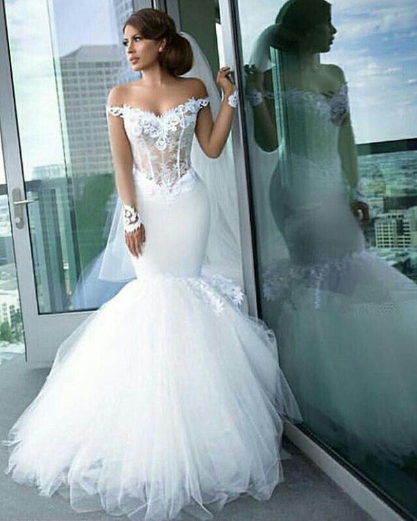 Classic Off the Shoulder Tulle Mermaid Appliques Long Sleeves Wedding Dress-showprettydress