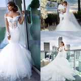 Classic Off the Shoulder Tulle Mermaid Appliques Long Sleeves Wedding Dress-showprettydress