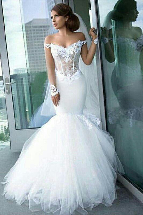 Classic Off the Shoulder Tulle Mermaid Appliques Long Sleeves Wedding Dress-showprettydress