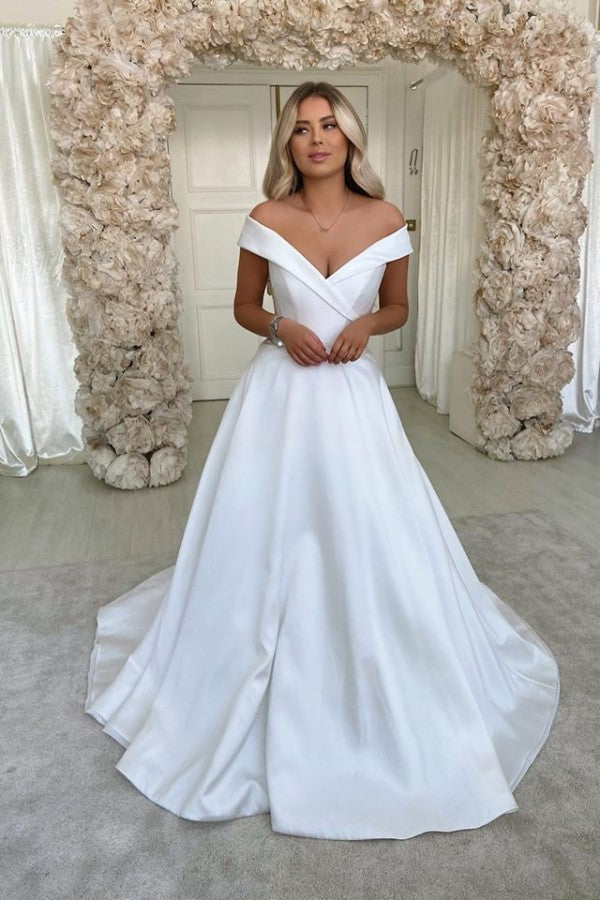 Classic Off The Shoulder V neck Wedding Dresses A line Pleated Bridal Gowns-showprettydress