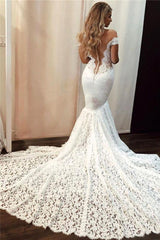 Classic Off the shoulder White Mermaid Wedding Dress-showprettydress