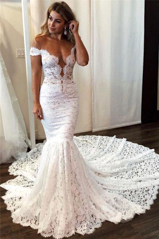 Classic Off the shoulder White Mermaid Wedding Dress-showprettydress