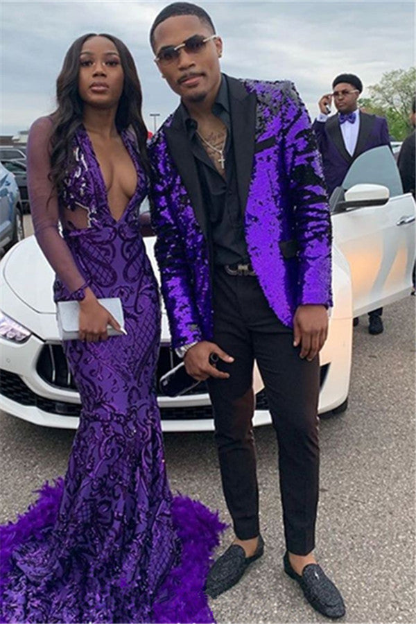 Classic Purple Sequined Men's Suit Two Piece Slim Fit Men's Prom Suits-showprettydress