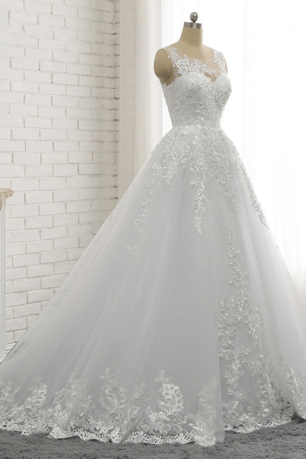 Classic Round neck Lace appliques White Princess Wedding Dress-showprettydress