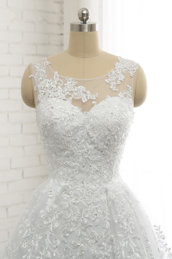 Classic Round neck Lace appliques White Princess Wedding Dress-showprettydress