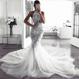 Classic Sleeveless Halter Wedding Dresses Modern Mermaid Tulle Bridal Dresses-showprettydress