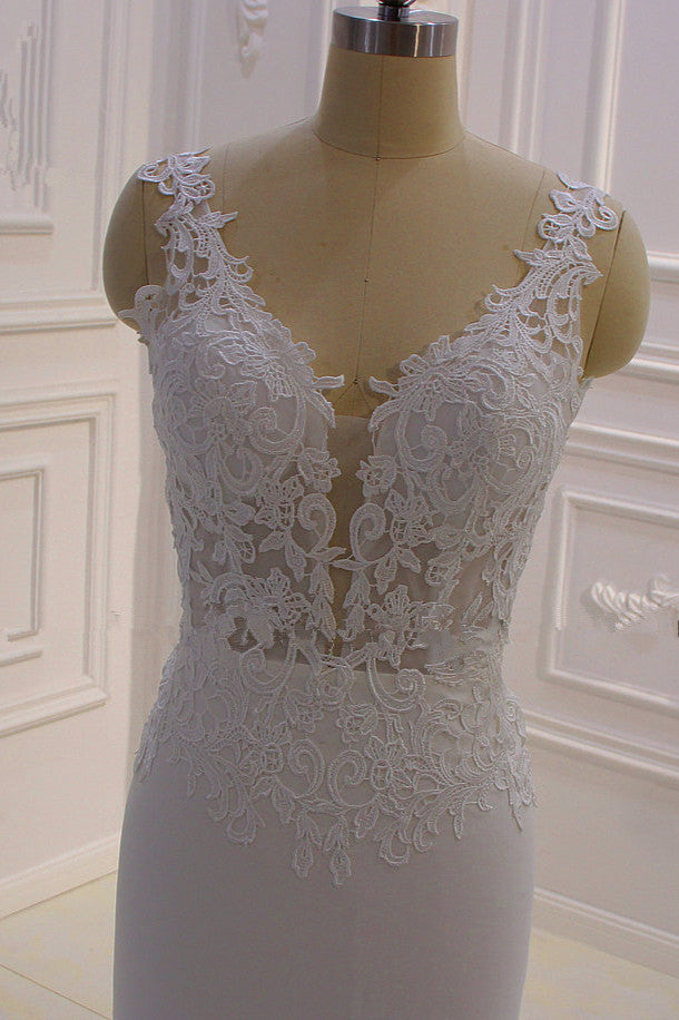 Classic Sleeveless Lace V neck Column White Court Train Wedding Dress-showprettydress