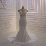 Classic Sleeveless Lace V neck Column White Court Train Wedding Dress-showprettydress