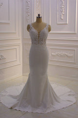 Classic Sleeveless Lace V neck Column White Court Train Wedding Dress-showprettydress