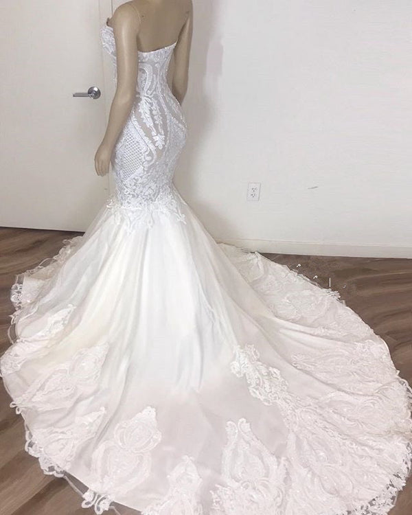 Classic Sleeveless Sweetheart Lace Appliques Mermaid Slim Bridal Wedding Dress-showprettydress