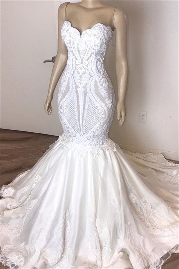 Classic Sleeveless Sweetheart Lace Appliques Mermaid Slim Bridal Wedding Dress-showprettydress