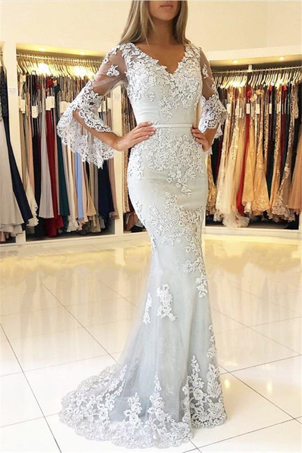 Classic V-Neck Bell Sleeves Prom Dresses Lace Appliques Mermaid Evening Dresses-showprettydress