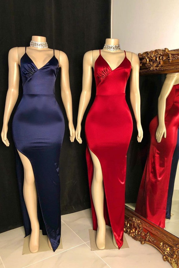 Classic V-neck Spaghetti Front Slit Satin Mermaid Prom Dresses-showprettydress