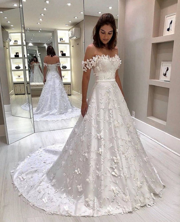 Classic White Strapless Off the shoulder Court Train Princess Wedding Dress-showprettydress