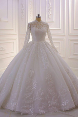 Classy Long A-line High Neck Appliques Lace Pearl Sequins Ruffles Wedding Dress with Sleeves-showprettydress