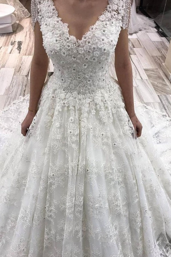 Classy Long A-Line V-neck Appliques Lace Crystal Wedding Dress-showprettydress