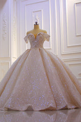 Classy Long Off the Shoulder Sequin Beading Satin Ball Gown Wedding Dress-showprettydress