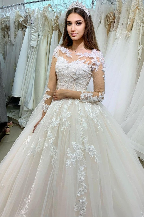 Classy Long Princess Appliques Lace Tulle Wedding Dress with Sleeves-showprettydress