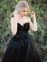 Classy Long Princess Sweetheart Open Back Tulle Black Wedding Dress with Lace-showprettydress