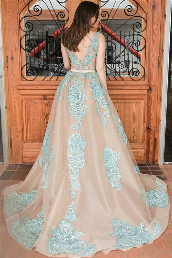 Complicated Straps Lace Appliques Overskirt Prom Dresses Open Back Sleeveless Nude Evening Gown with Belt-showprettydress