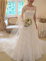 Court Train Applique A Line Short Sleeves Square Lace Ribbon Wedding Dresses-showprettydress