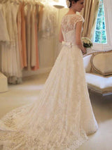 Court Train Applique A Line Short Sleeves Square Lace Ribbon Wedding Dresses-showprettydress