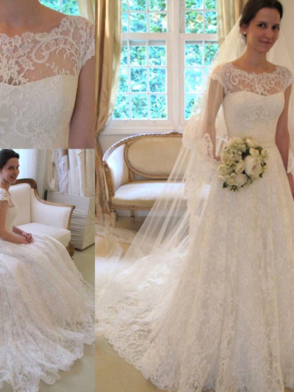 Court Train Applique A Line Short Sleeves Square Lace Ribbon Wedding Dresses-showprettydress