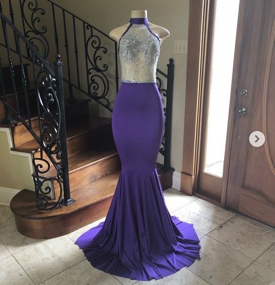 Crystal Beading Illusion Top Halter Long Mermaid Prom Gowns-showprettydress