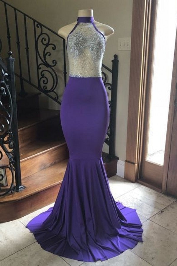 Crystal Beading Illusion Top Halter Long Mermaid Prom Gowns-showprettydress