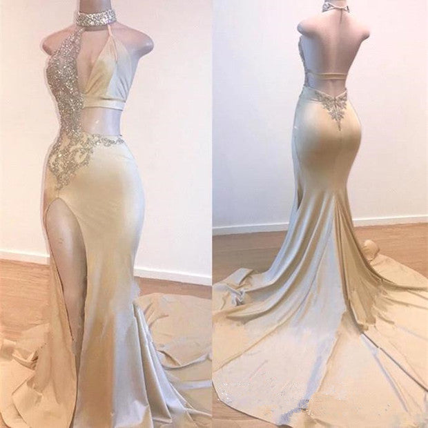 Crystal Halter Side Slit Prom Dresses A-Line Backless Sleeveless Evening Dresses-showprettydress