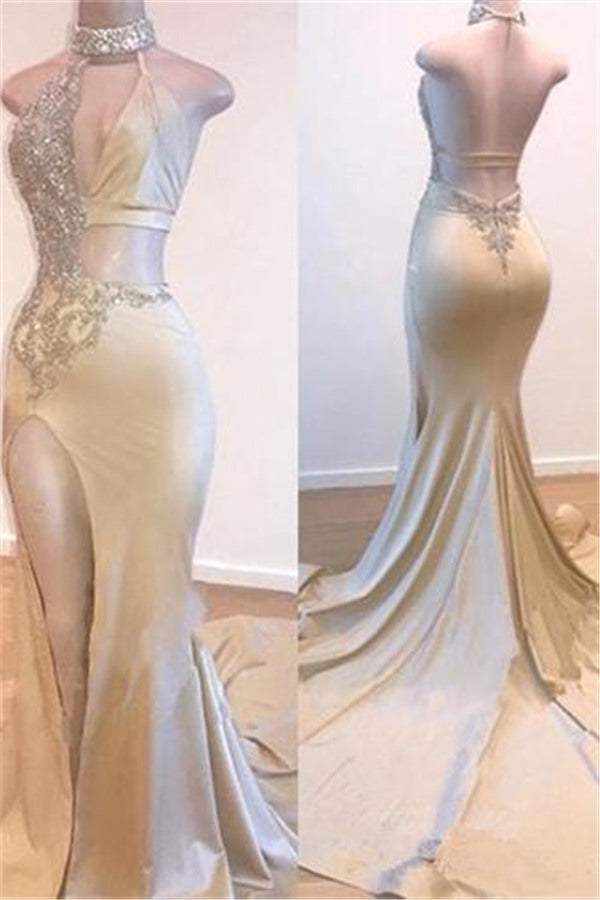 Crystal Halter Side Slit Prom Dresses A-Line Backless Sleeveless Evening Dresses-showprettydress