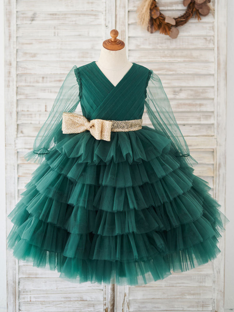 Cute Green V-Neck Long Sleeves Sash Kids Social Party Dresses-showprettydress