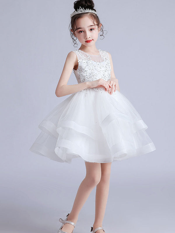 Cute Jewel Neck Sleeveless Embroidered Kids Party flower girl dresses-showprettydress