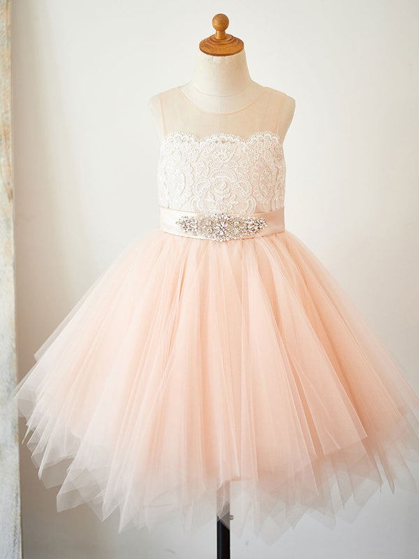 Cute Jewel Neck Tulle Sleeveless Short Princess Sash Kids Party Dresses-showprettydress