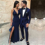 Dark Blue One Button Two-Piece Men's Prom Suits with Black Lapel-showprettydress