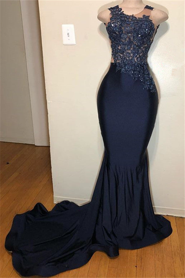 Dark Blue Straps Sleeveless Applique Mermaid Prom Party Gowns-showprettydress