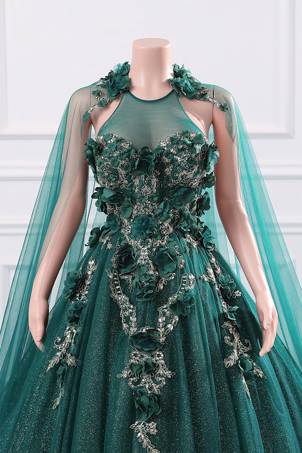 Dark Green Appliques Beaded Flowers Ball Gown Qunice Dresses-Showprettydress