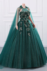 Dark Green Appliques Beaded Flowers Ball Gown Qunice Dresses-Showprettydress