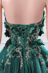 Dark Green Appliques Beaded Flowers Ball Gown Qunice Dresses-Showprettydress