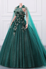 Dark Green Appliques Beaded Flowers Ball Gown Qunice Dresses-Showprettydress