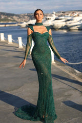 Dark Green Long Mermaid Beading Off-the-shoulder Formal Prom Dress With Sleeves-showprettydress